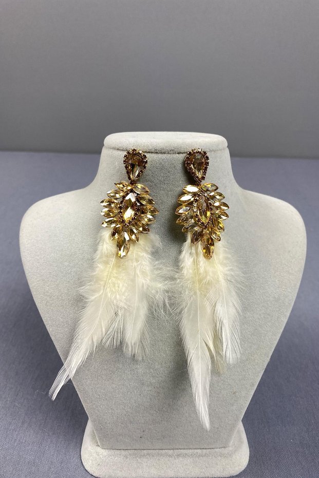 Honey-Colored Elegant Feathered Special Occasion Ball Wedding Evening Gown Earrings