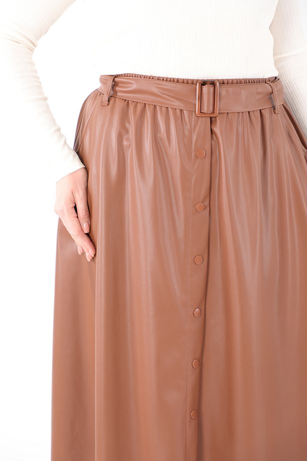 Kadın Kemerli Suni Deri Taba Etek - 5