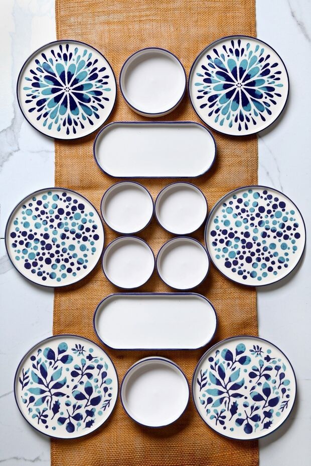14-Piece Stackable Blue Ethnic Breakfast Set for 6 People - Luxury Breakfast Presentation Plate Set