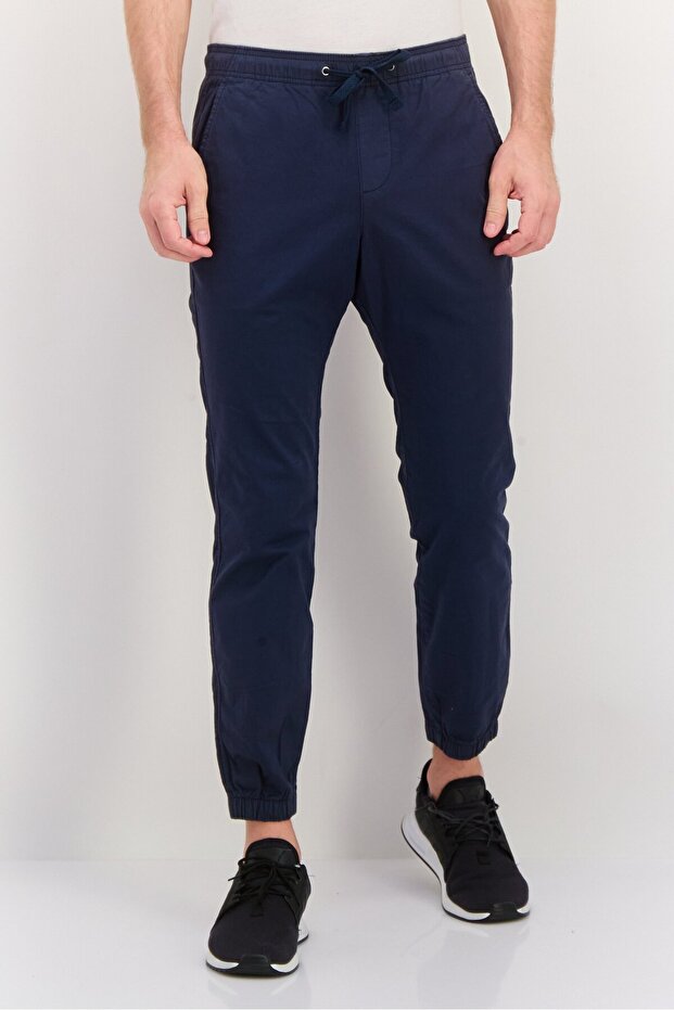 Men Solid Drawstring Jogger Pants, Navy - 1