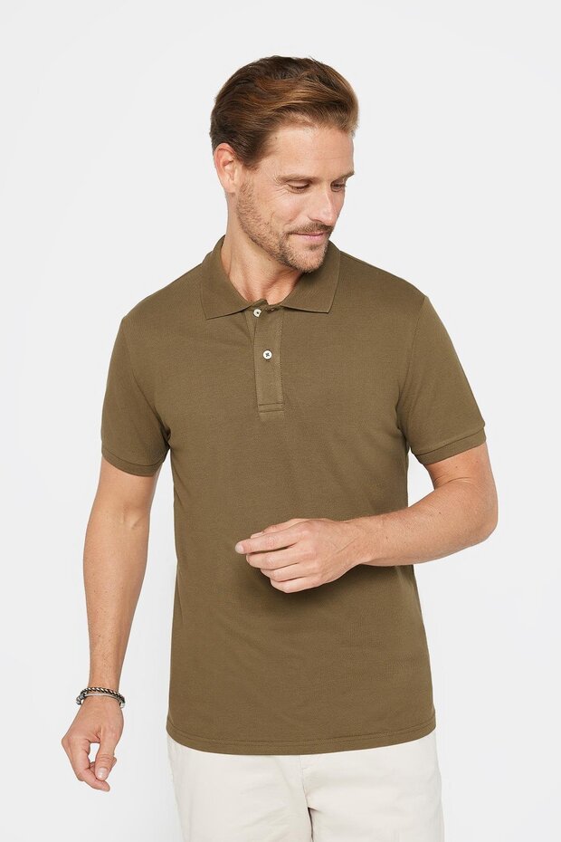 Men's Slim Fit Slim Fit 100% Cotton Plain Pique Khaki Polo Collar T-Shirt