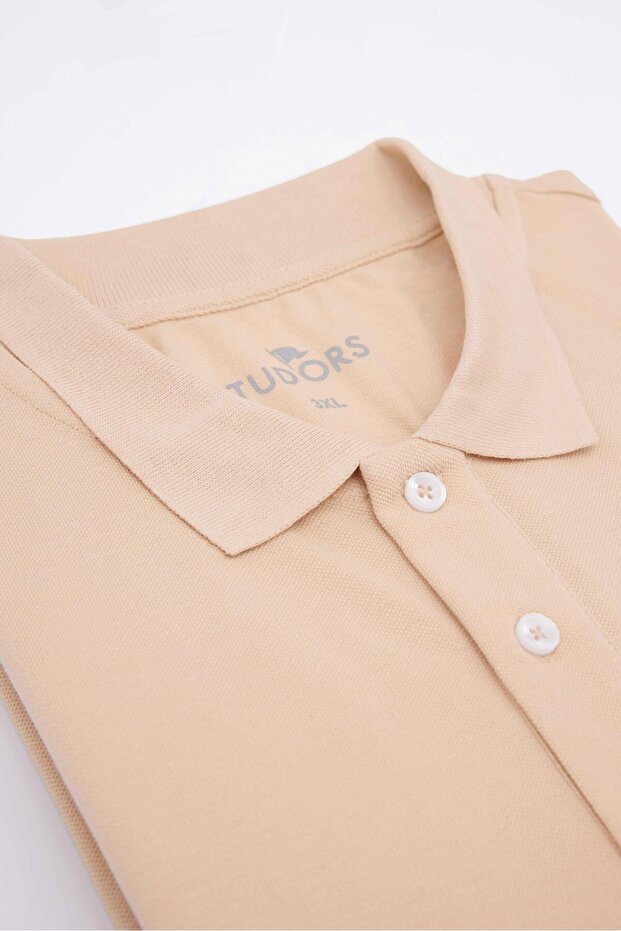 Men's Large Size Wide Cut 100% Cotton Plain Pique Beige Polo Collar T-Shirt