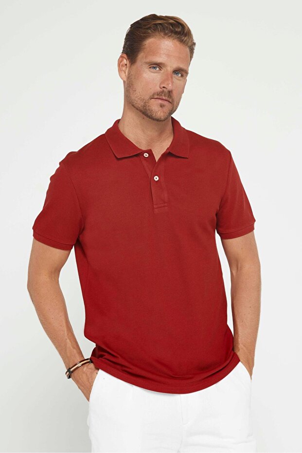 Men's Slim Fit Slim Fit 100% Cotton Plain Pique Claret Red Polo Collar T-Shirt