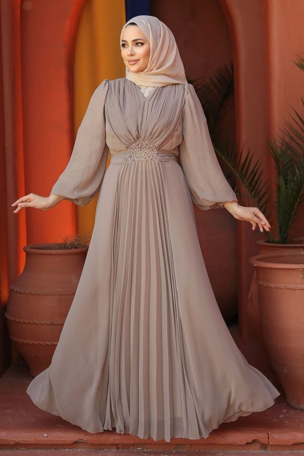 Drape Detaylı Vizon Tesettür Abiye Elbise 4448v - 6