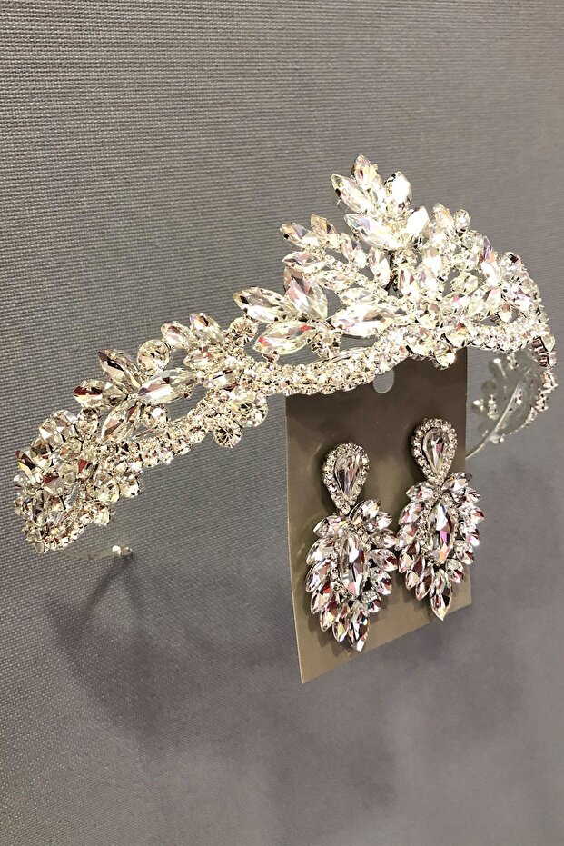 Silver Color Crystal Stone Henna, Bridal Crown and Earring Set