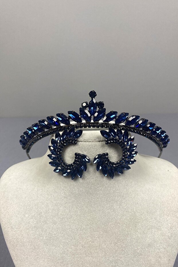 Navy Blue Ece Bridal Henna Crown and Round Jewelled Earring Set