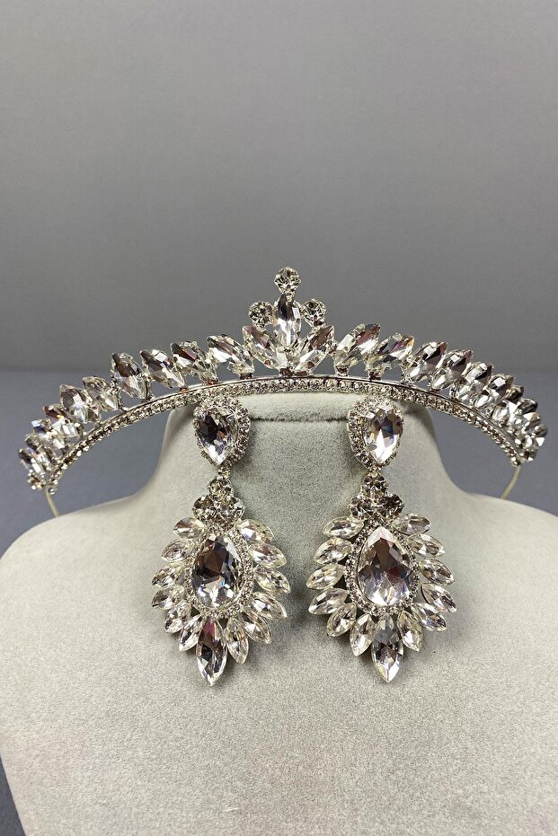 Silver Ece Bridal Crown and Round Jewelled Earring Set