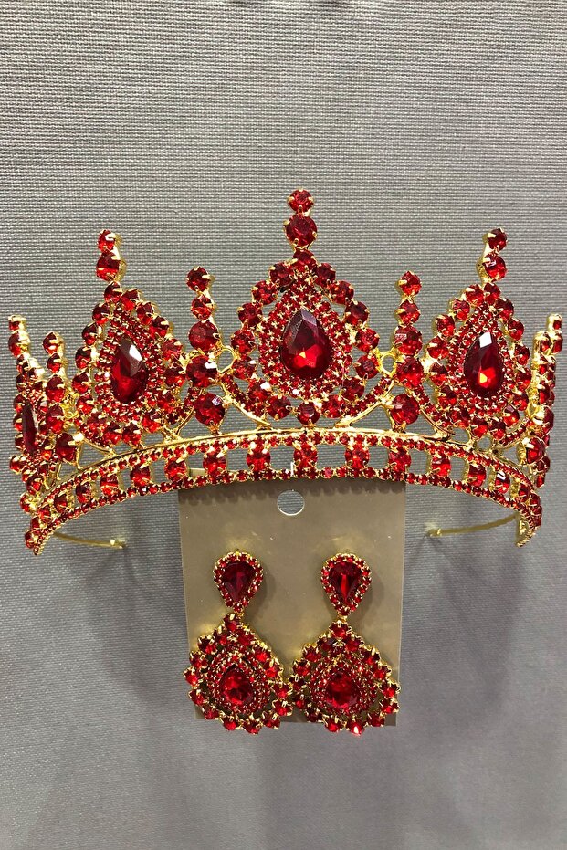 مجموعة Ahu Red Bridal، تاج Henna والأقراط