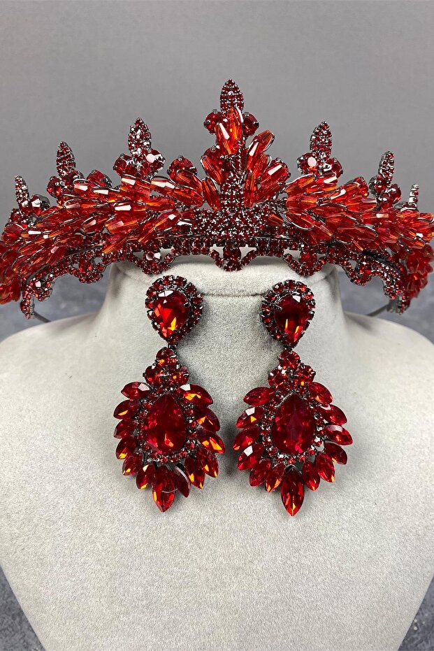 Red Lena Crystal Bridal Henna Crown and Jewelled Earring Set