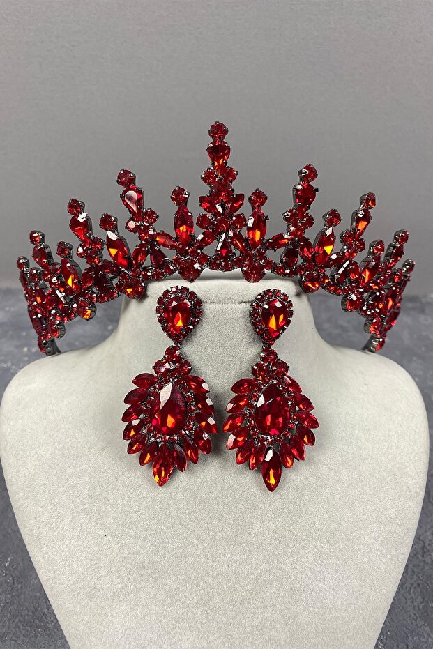 Red Cooker Bridal Henna Crown and Shuttle Stone Evening Dress Earrings