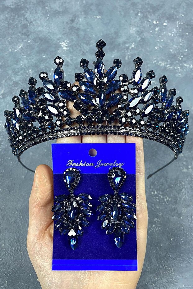 Navy Blue Rio Stoned Bridal Henna Crown and Shuttle Stone Earrings