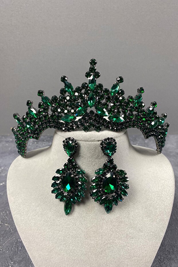 Green Tokyo Stoned Bridal Henna Crown and Shuttle Stone Earring Set
