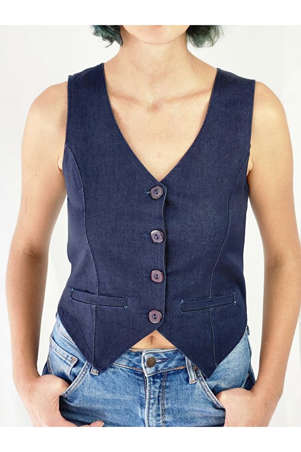 Women's Ornament Pocket Buttoned Jeans Vest