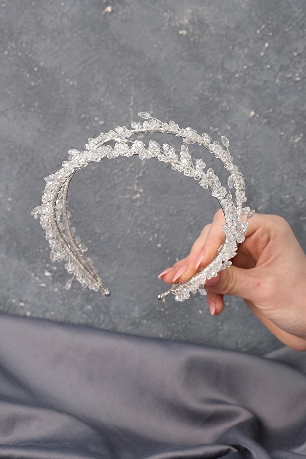 Transparent Talya Double Row Beaded Bridal Henna Crown