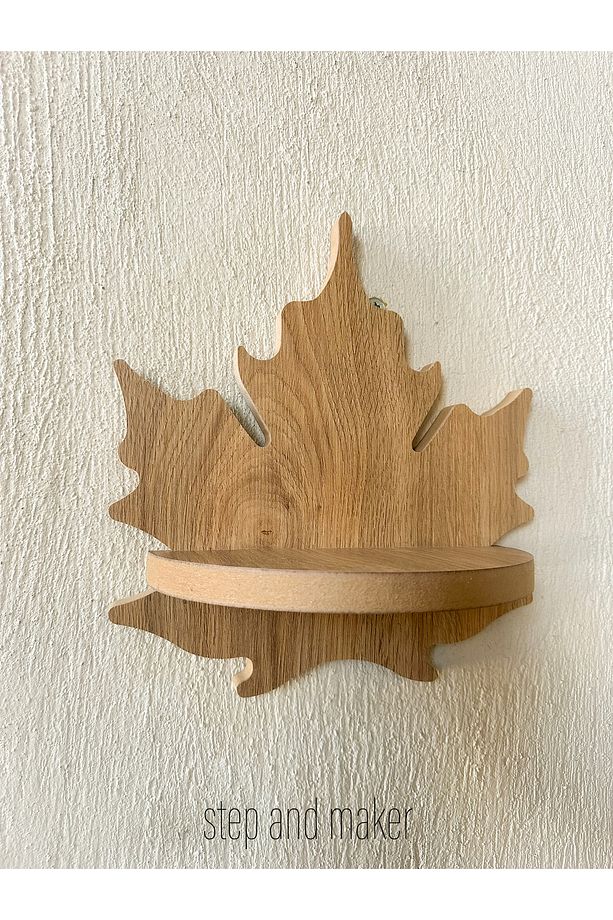 Ahşap Çınar Yaprağı Desenli Duvar Rafı - 30 cm - 5