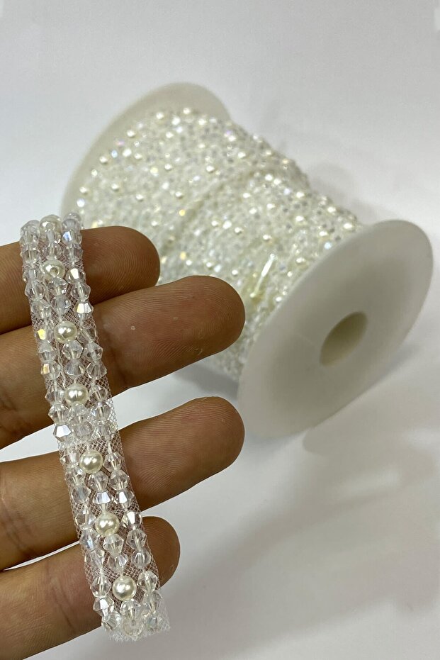 Pramit Kristal Boncukve İnci İşlemeli Şerit 1 mt - 2