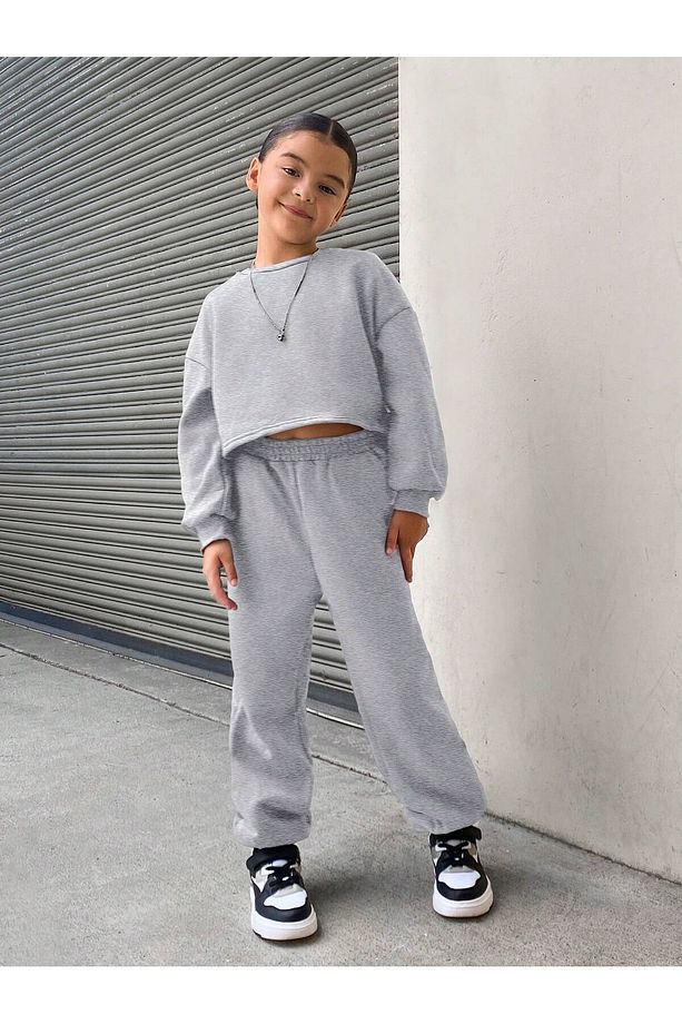 gri kız çocuk sweatshirt kısa yuvarlak yaka takım - 5