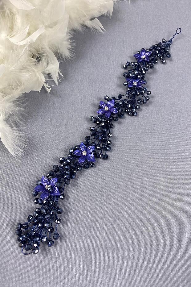 Navy Blue Jewelled Floral Crystal Beaded Bridal Hair and Turban Accessory