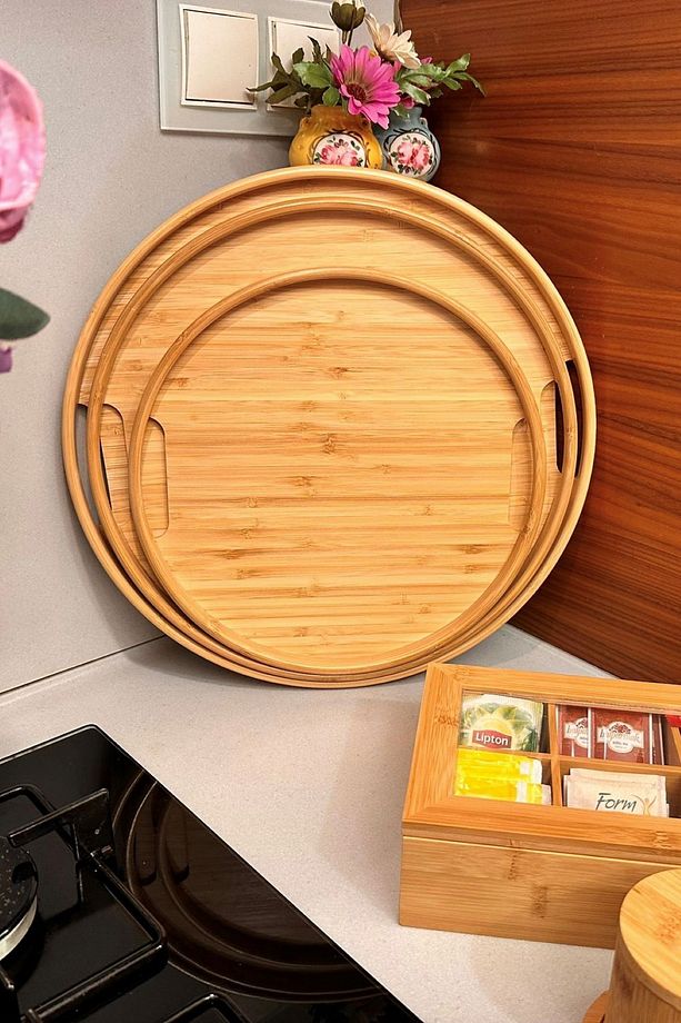 Yuvarlak Bambu Tepsi 3'lü Set, 30 cm, 35 cm ve 38 cm Çaplarında 3 Adet Bambu Tepsi, Tutamaçlı - 2
