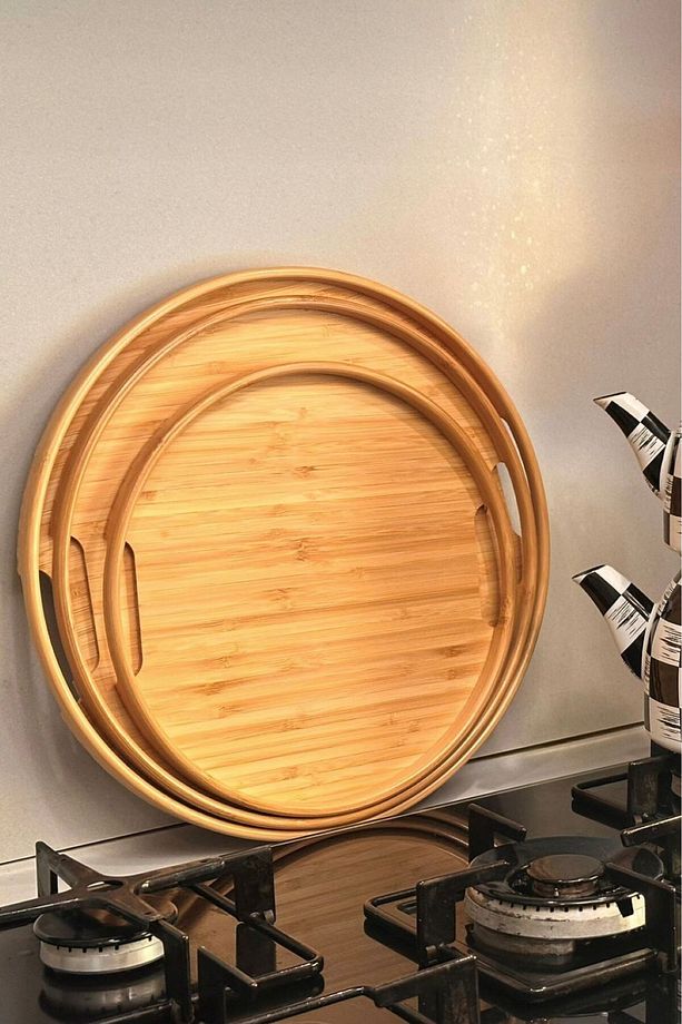 Yuvarlak Bambu Tepsi 3'lü Set, 30 cm, 35 cm ve 38 cm Çaplarında 3 Adet Bambu Tepsi, Tutamaçlı - 1