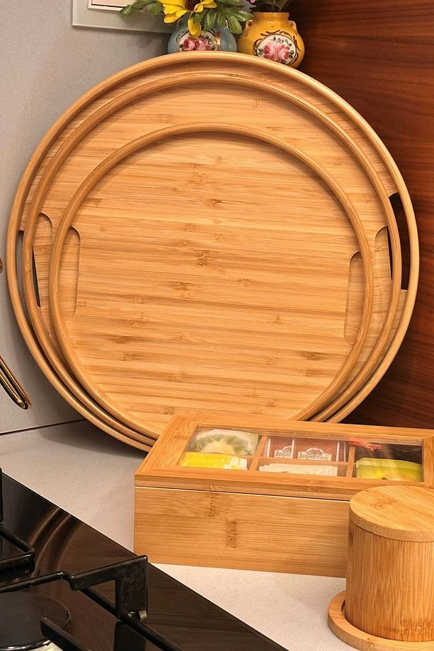 Yuvarlak Bambu Tepsi 3'lü Set, 30 cm, 35 cm ve 38 cm Çaplarında 3 Adet Bambu Tepsi, Tutamaçlı - 3