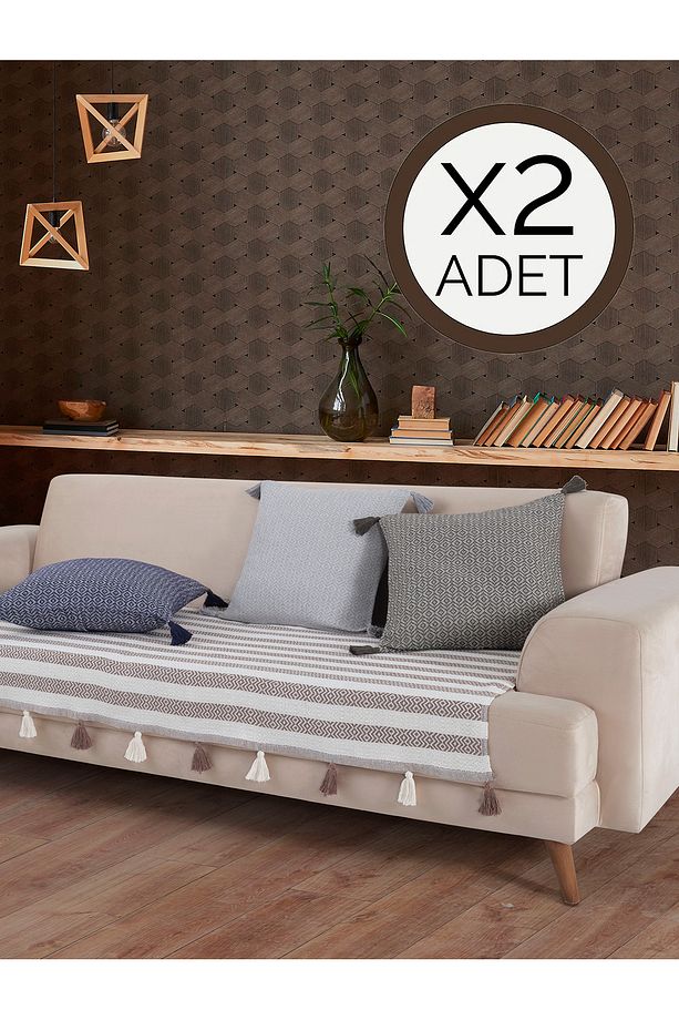 Liva Ponponlu Kahve 2 Adet Koltuk Örtüsü 115x200 Cm Kanepe Divan Çekyat Berjer Örtüsü Püsküllü - 1