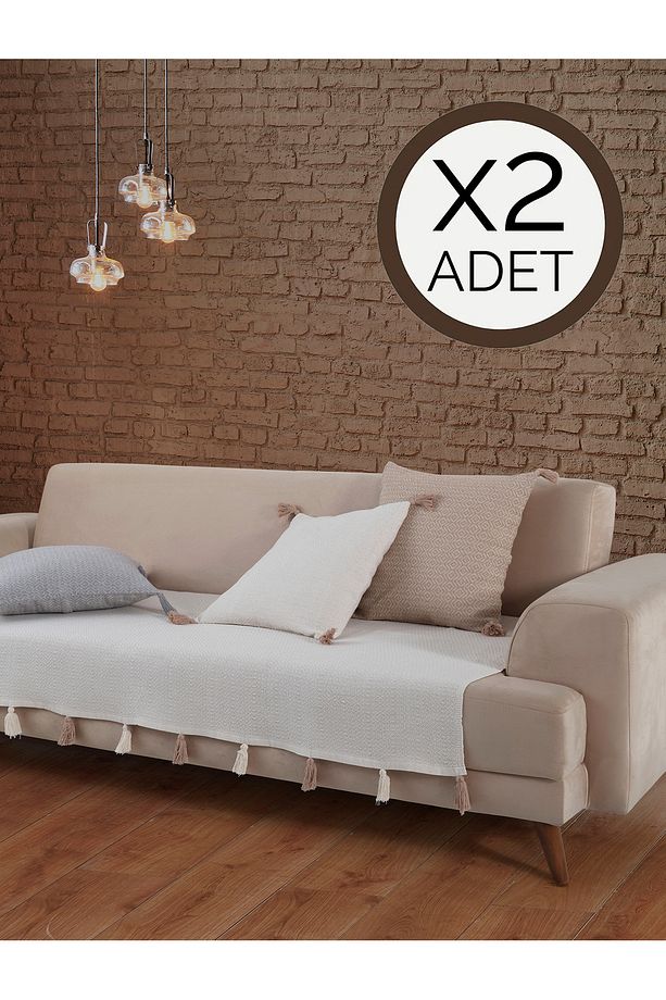 Liva Ponponlu Ekru 2 Adet Koltuk Örtüsü 115x200 Cm Kanepe Divan Çekyat Berjer Örtüsü Püsküllü - 1