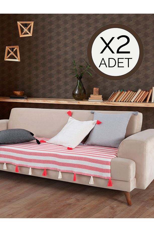 Liva Ponponlu Mercan 2 Adet Koltuk Örtüsü 115x200 Cm Kanepe Divan Çekyat Berjer Örtüsü Püsküllü - 1