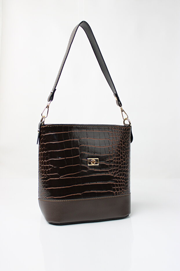 Bitter Brown Crocodile Skin Look Double Strap Women's Shoulder Bag
