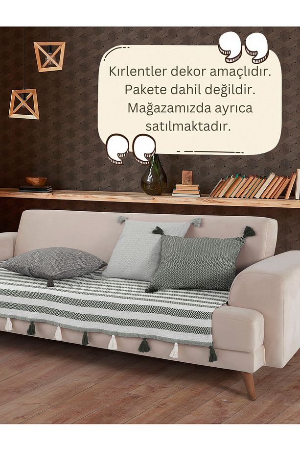 Liva Ponponlu Haki 3 Adet Koltuk Örtüsü 115x200 Cm Kanepe Divan Çekyat Berjer Örtüsü Püsküllü - 3