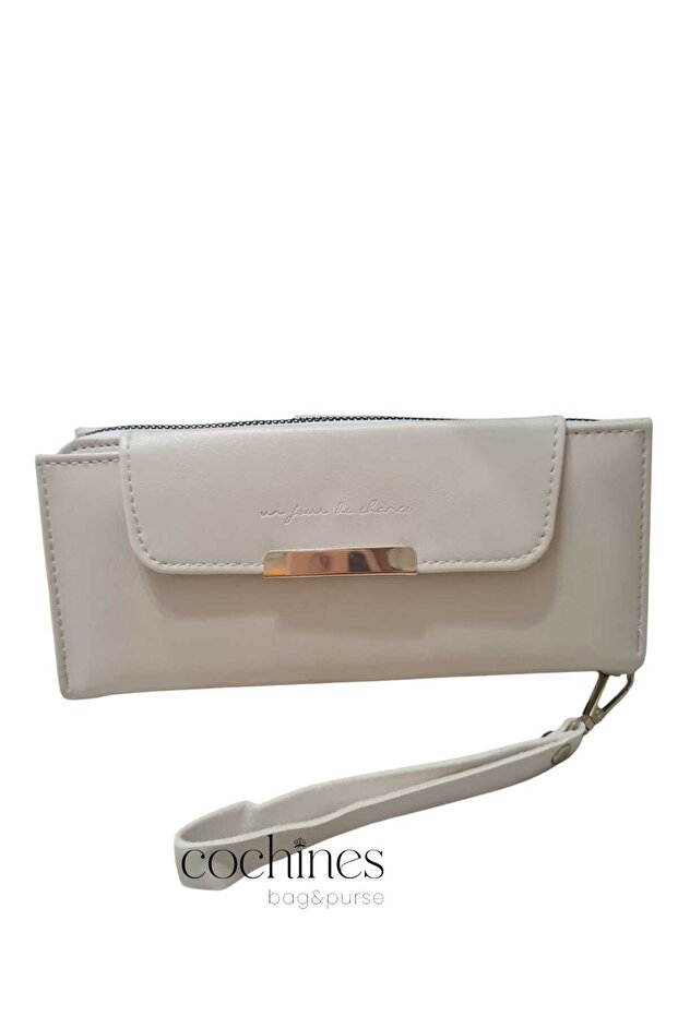 Women's Cream Multi-Eye Ankle Strap Soft Soft Textured Faux Leather Large Coin Purse with Snap Fastener