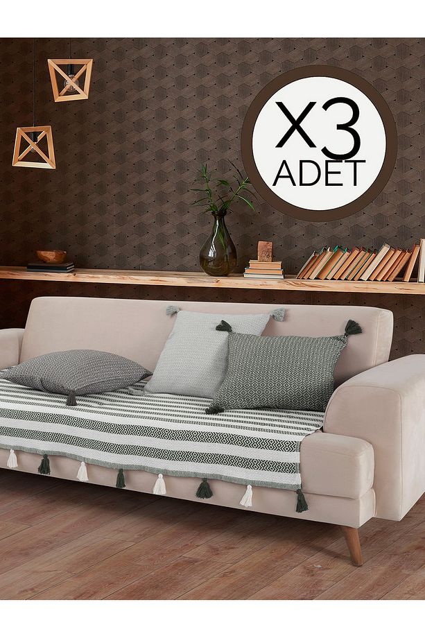 Liva Ponponlu Haki 3 Adet Koltuk Örtüsü 115x200 Cm Kanepe Divan Çekyat Berjer Örtüsü Püsküllü - 1