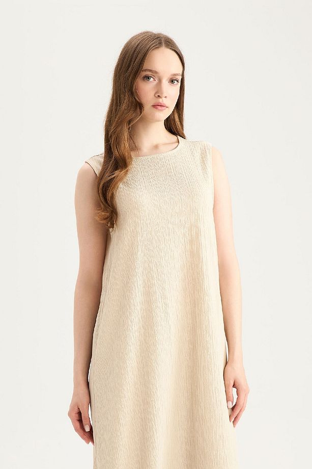 Regular Fit Bisiklet Yaka Basic Düz Gofre Dokulu Kolsuz Midi Elbise E1822ax25sp - 3
