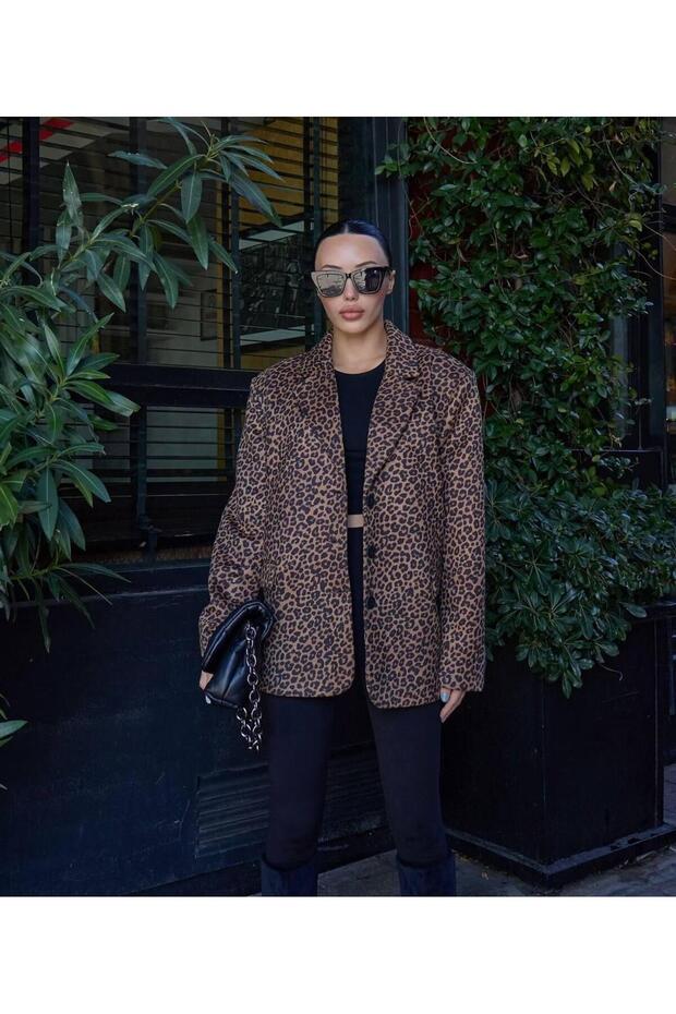 Oversize astarlı Leopar Blazer Ceket - 1