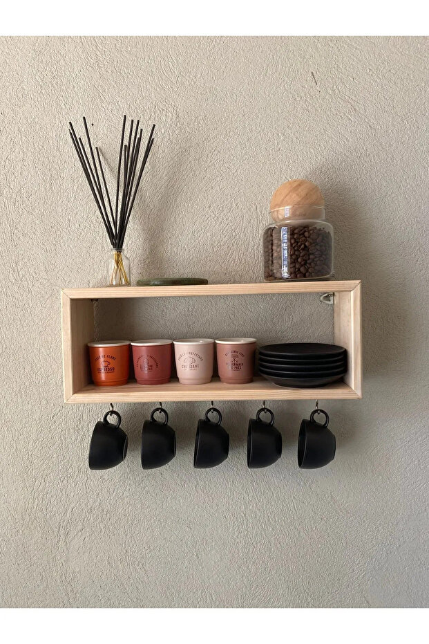 Bardaklık Kupa Askısı Yüzer Raf Dekoratif Kahve Köşesi Duvar Rafı Ahşap Fincanlik 40cm - 1