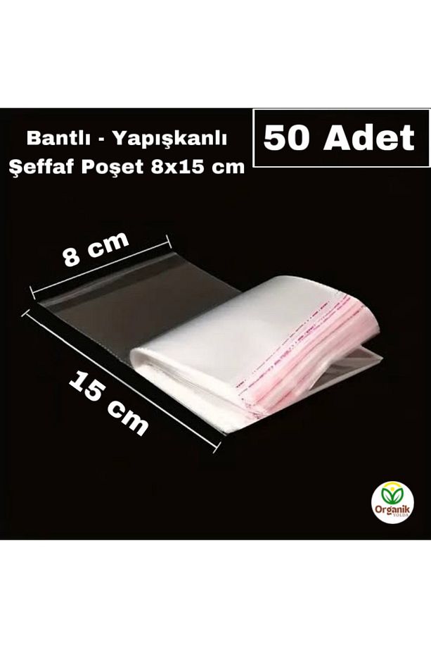ŞEFFAF, BANTLI - YAPIŞKANLI JELATİN POŞET 50 ADET, 8X15 cm - 1