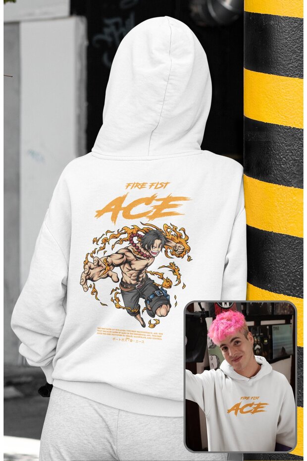 Oversize Fire Fist Ace Back Printed Hooded Sweatshirt, Unisex One Piece Anime Themed Hoodie