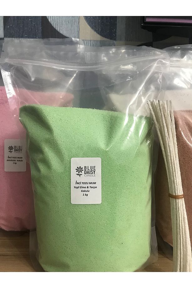 1 Kg Inci Tozu Mum ( 25 Adet 20 Cm Fitil Ile ) Yeşil Elma & Tarçın Kokulu Yeşil , Toz Mum , Kum Mum - 1