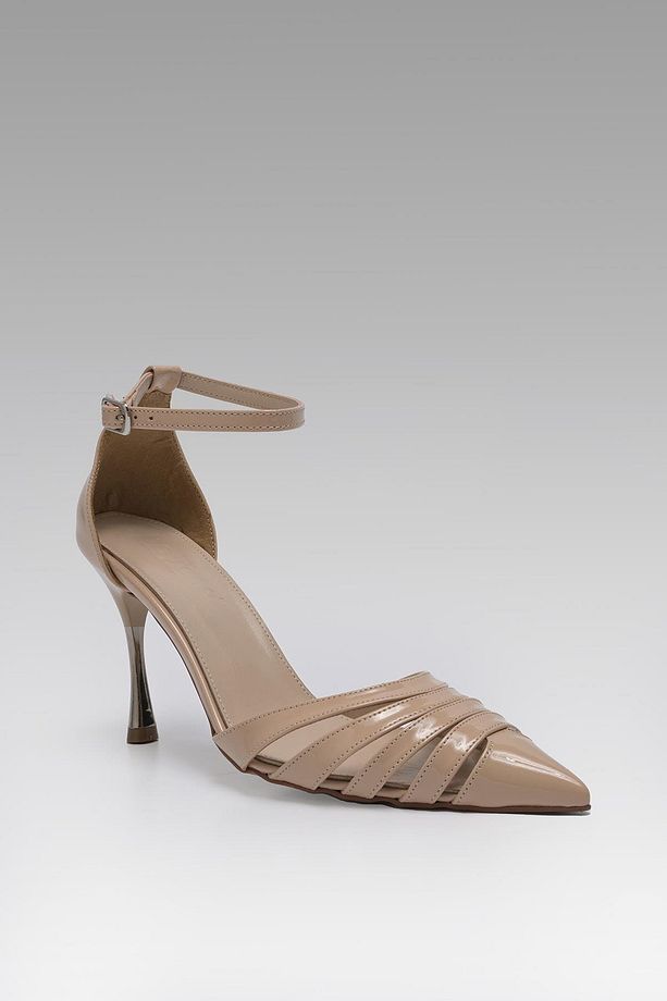Kadın Bej Sivri Burun Bilekten Bağlı Stiletto Abiye Rugan Ayakkabı 9,5cm BYNDBS7567 - 6