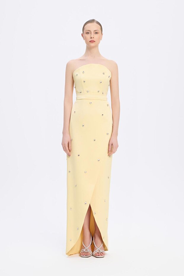 Stone Embroidered Detail Strapless Slit Long Evening Dress - 2002C