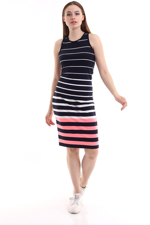 21252500 Viscose Stripe Patterned Sleeveless Long Dress Navy Blue White Striped