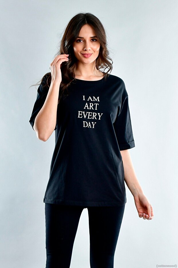 20021916 Single Jersey I Am Art Stone Printed Short Sleeve T-Shirt Black