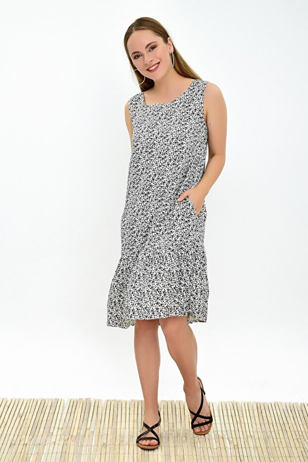 93030322 Dok.Vis.Çıtır Deseteği Ruffled Sleeveless Dress with Pockets Ecru Black