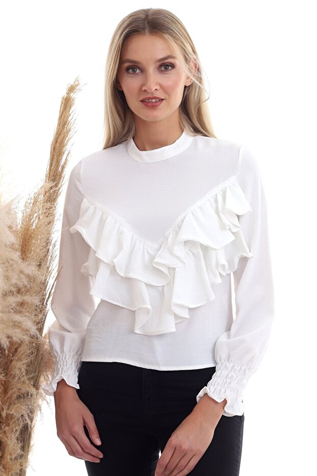 20333355 Ayrobin Double Row Volan Long Sleeve Blouse Ecru