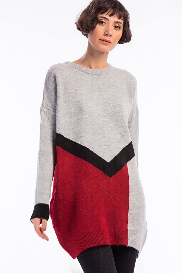 8486083 Knitwear Soft Yarn 3-Color Intersiye Tunic Gray