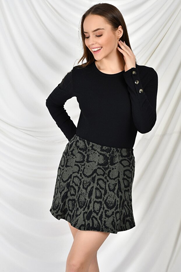 9404045 Leopard Patterned Segmented Short Skirt Khaki
