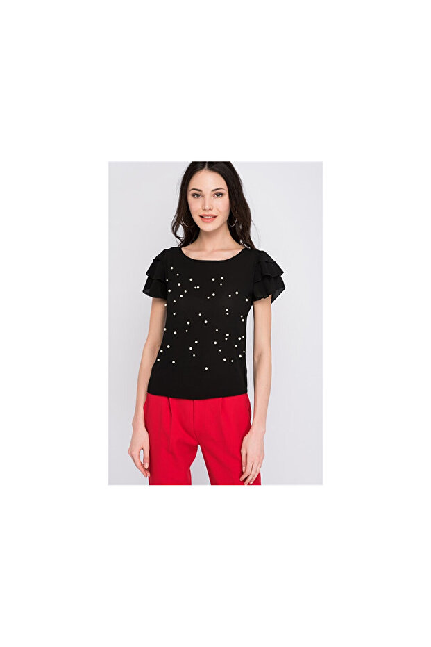 8123841 Kobe Ruffled Sleeve Front Pearl Stone Short Sleeve Blouse Black