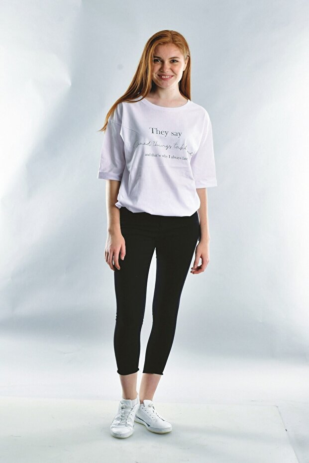 20071922 Single Jersey They Say Printed Stone Short Sleeve T-Shirt White