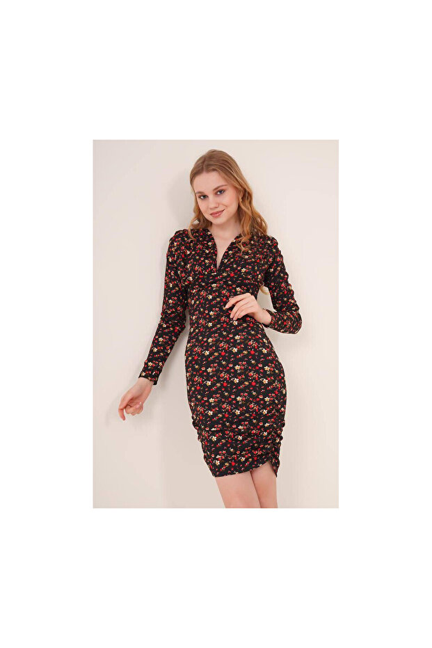 22434124 Double-Breasted Long Sleeve Dress with Gathered Sides at Neckline Black Red