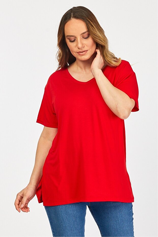B21399902 Large Size Viscose V-Neck Short Sleeve Blouse Red